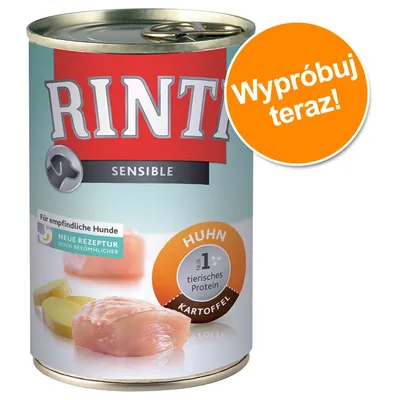 Rinti Sensible Huhn Kartoffel, puszka z widocznym napisem „Wypróbuj teraz!”, „nur 1 tierisches Protein”, „Neue Rezeptur noch bekömmlicher” oraz zdjęciem mięsa i ziemniaka.