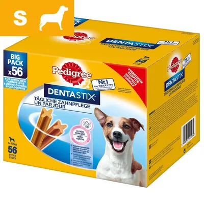 Opakowanie Pedigree Dentastix, 56 sztuk dla psów 5–10 kg. Widoczne logo Pedigree, napis DENTASTIX, zdjęcie psa i informacja o codziennej pielęgnacji zębów.