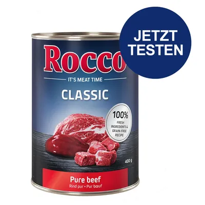 Rocco Classic Hundefutter, Sorte Pure Beef, 400g Dose. 100% frische Zutaten, getreidefreie Rezeptur. Jetzt testen.