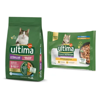 7,5 kg / 10 kg Ultima Crocchette  + 4 x 70 g / 8 x 85 g Umido per gatti gratis! - 10 kg Sterilized Digestive Well-Being Trota + 4 x 70 g Expert Nutrition Appetito Difficile Tonno & Pollo