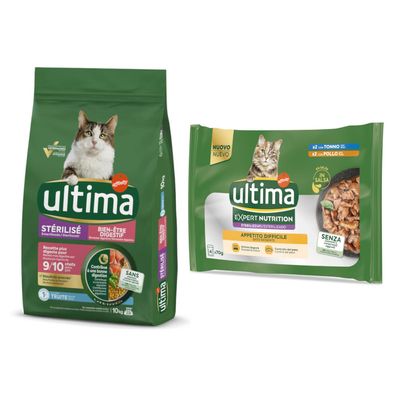 7,5 kg / 10 kg Ultima Crocchette + 4 x 70 g / 8 x 85 g Umido per gatti gratis! 10 kg Sterilized Digestive Well-Being Trota + 4 x 70 g Expert Nutrition Appetito Difficile Tonno & Pollo