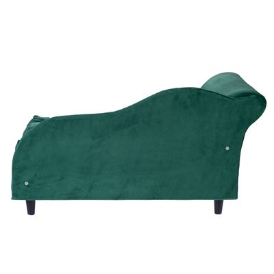 Grön husdjurssoffa med sammetstyg och svarta träben, sidovy.