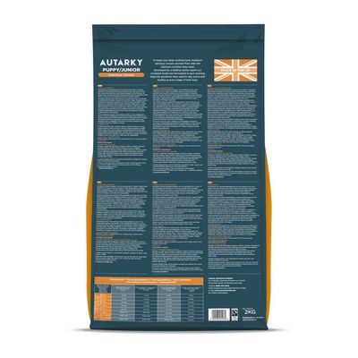 Back of Autarky Puppy/Junior Delicious Chicken bag showing feeding guide table, product description, ingredients list, and 'Made in the UK' label.