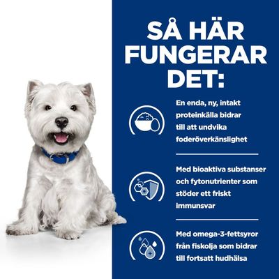 Så här fungerar det: En enda, ny, intakt proteinkälla bidrar till att undvika foderöverkänslighet. Med bioaktiva substanser och fytonutrienter som stöder ett friskt immunsvar. Med omega-3-fettsyror från fiskolja som bidrar till fortsatt hudhälsa.