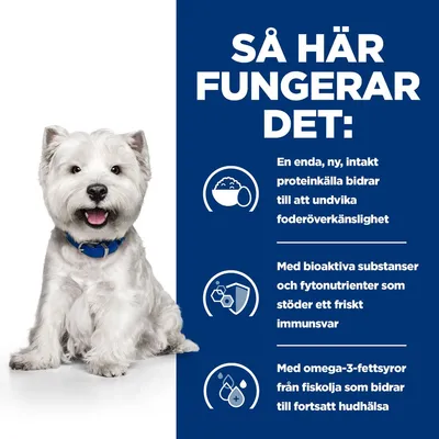 Så här fungerar det: En enda, ny, intakt proteinkälla bidrar till att undvika foderöverkänslighet. Med bioaktiva substanser och fytonutrienter som stöder ett friskt immunsvar. Med omega-3-fettsyror från fiskolja som bidrar till fortsatt hudhälsa.