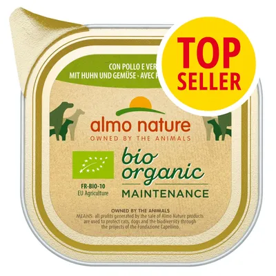 almo nature bio organic MAINTENANCE con pollo e verdure, certificazione FR-BIO-10 EU Agriculture, etichetta gialla TOP SELLER visibile sulla confezione