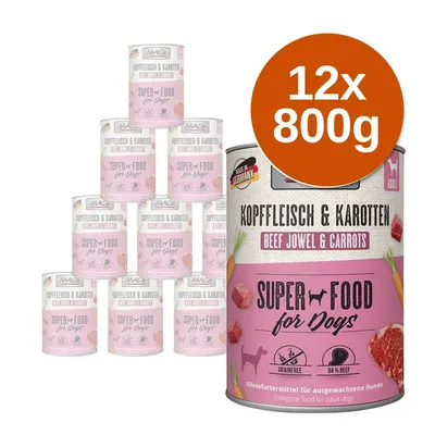 MAC's Super Food for Dogs marhafej és sárgarépa konzerv, 12×800 g, felirat: grainfree, 94% beef, Made in Germany, felnőtt kutyáknak