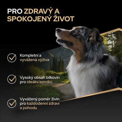 Kompletná a vyvážená strava, vysoký obsah bielkovín pre ideálnu kondíciu, vyvážený pomer živín pre každodenné zdravie a pohodu.
