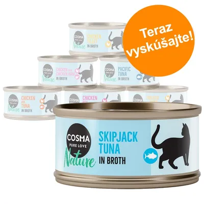 Konzervy Cosma Nature pre mačky: Skipjack Tuna, Chicken Fillet, Chicken with Chicken Ham, Pacific Tuna, Chicken and Tuna. Oranžový kruh s textom: Teraz vyskúšajte!