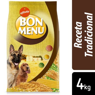 Affinity Bon Menu comida para perros, envase con imágenes de un pastor alemán y un cocker spaniel, además de cereales, maíz y guisantes.
