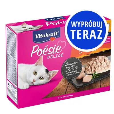 Opakowanie Vitakraft Poésie Délice z wizerunkiem kota, kawałkami mięsa i napisem: WYPRÓBUJ TERAZ. Tekst: Mit natürlichen Fleischstückchen, With natural pieces of meat, Made in Germany.