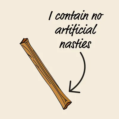 Illustration of a stick-shaped treat with the text: I contain no artificial nasties.