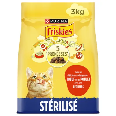 Purina Friskies Sterilisé Katzenfutter, 3kg. Mit Rind, Huhn und Gemüse. Verpackung zeigt eine orange Katze und die Aufschrift '5 Promesses'.