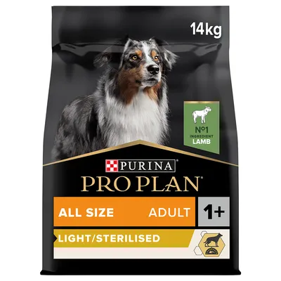 Purina Pro Plan All Size Adult 1+ Light/Sterilised, основной ингредиент ягненок, 14 кг. Подходит для стерилизованных собак.