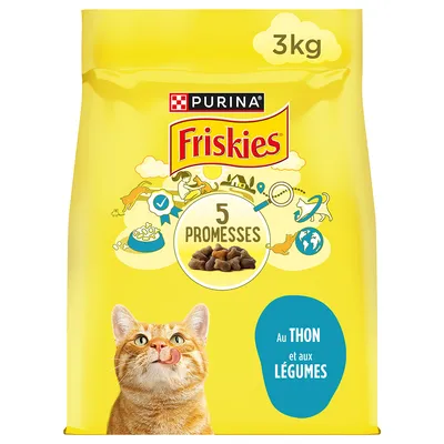 Purina Friskies Katzenfutter, 3kg, mit Thunfisch und Gemüse. Verpackung zeigt '5 Promesses' und eine orangefarbene Katze.