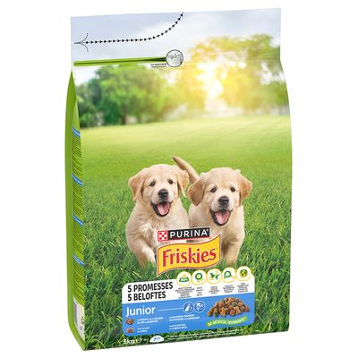 Balení krmiva Purina Friskies Junior s obrázkem dvou štěňat na trávě, texty: 5 PROMESSES 5 BELOTTES, Junior, 3 kg, NO ARTIFICIAL COLOURANTS, vyobrazené granule.
