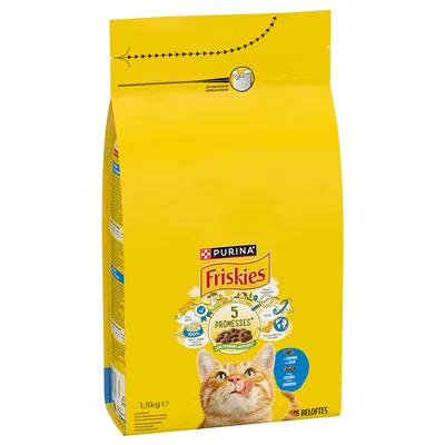 Purina Friskies сухой корм для кошек, 1,5 кг. 5 обещаний: без красителей, сбалансированное питание, устойчивое производство. Видимый zip-замок для свежести.