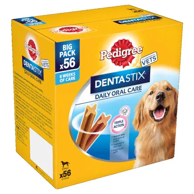 Pedigree Dentastix Daily Oral Care, big pack x56 sticks, 8 weeks of care, recommended by vets, triple action, for dogs 25kg+, visible on yellow box with dog image