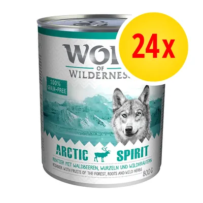 Wolf of Wilderness Arctic Spirit koiran märkäruoka, 800 g tölkki, 100 % grain-free, 24x monipakkaus. Etiketissä susi ja vuoristomaisema.