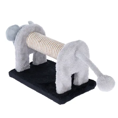 Jucărie de zgâriat în formă de elefant cu rolă din sisal și detalii din pluș pe bază neagră.