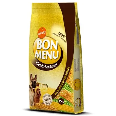 Bon Menu Klassisches Rezept hondenvoer, 15 kg zak. Tekst: 100% Vollständige und ausgewogene Ernährung, mit Rindfleisch und Getreide, keine künstlichen Zusatzstoffe. Affinity merknaam zichtbaar. Bon Menu Klassisches Rezept hondenvoer, 15 kg zak. Tekst: 100% Vollständige und ausgewogene Ernährung, mit Rindfleisch und Getreide, keine künstlichen Zusatzstoffe. Affinity merknaam zichtbaar.