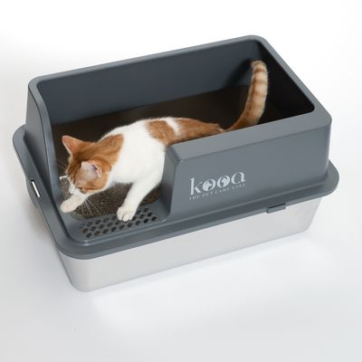 Kooa kattenbak met grijs design en verhoogde rand. Kat toont gebruik van de bak. Zichtbaar merkopschrift: Kooa - The Pet Care Line.