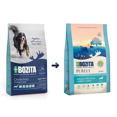 To poser Bozita hundefoder, venstre: Grain Free Lamm/Lamb 3,5 kg, højre: Purely Single Protein Lamb/Lamm Adult 2,5 kg. Synlig tekst: 23 % protein, 12 % fedt, kornfri opskrift.