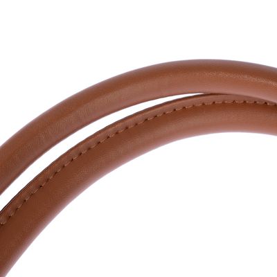 Close-up of a brown, stitched leather strap with a smooth surface.