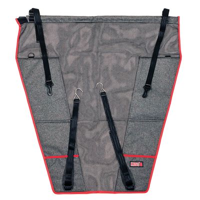 KONG coprisedile auto in tessuto grigio con accenti rossi, cinghie regolabili e ganci per il fissaggio.