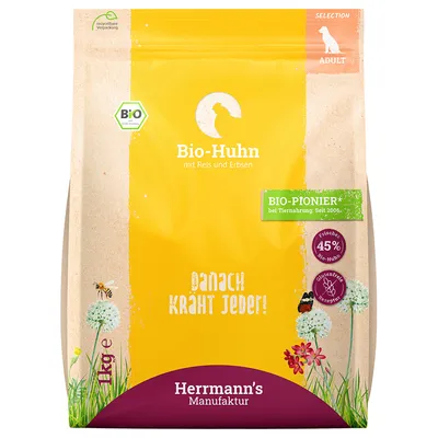 Herrmann's Manufaktur Bio-Huhn mit Reis und Erbsen, glutenfrei, 45% frisches Bio-Huhn, recycelbare Verpackung, für erwachsene Hunde. Bio-Pionier bei Tiernahrung seit 2006.