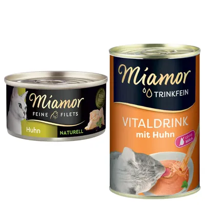 Miamor Kombi-Paket: Feine Filets Naturelle 12 x 80 g + Trinkfein Vitaldrink 6 x 135 ml - Feine Filets Huhn Pur + Vitaldrink mit Huhn