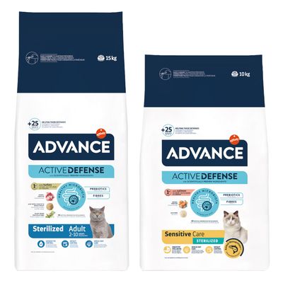 Dos sacos de pienso para gatos Advance Active Defense: uno Sterilized Adult 2–10 años, otro Sensitive Care Sterilized. Visible símbolo de porcentaje en círculo naranja.