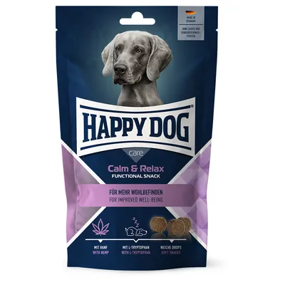 Happy Dog Calm & Relax Functional Snack, napis: Für mehr Wohlbefinden / For improved well-being, mit Hanf, mit L-Tryptophan, weiche Drops. Slika psa in prigrizkov na embalaži.