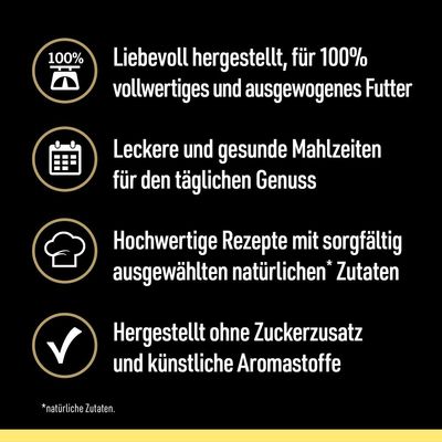 Liebevoll hergestellt, für 100% vollwertiges und ausgewogenes Futter. Leckere Mahlzeiten für täglichen Genuss. Hochwertige Rezepte mit natürlichen Zutaten. Ohne Zuckerzusatz oder künstliche Aromastoffe.