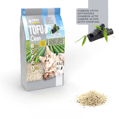 Croci Tofu Clean растительный наполнитель для кошек с активированным углем, 4,5 кг. Натуральный, удерживает запах, до 56 применений. Видимый наполнитель и кусочки активированного угля.