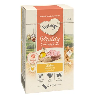 Feringa Vitality kremowy przysmak dla dorosłych, smak kurczak z inuliną i łuskami babki jajowatej. Bez zbóż, z tauryną, prebiotykami i pielęgnacją kul włosowych. Opakowanie: 12 x 10 g.