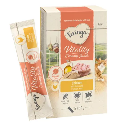 Feringa Vitality Creamy Snack für Katzen, Geschmack Huhn mit Inulin und Flohsamenschalen. Getreidefrei, mit Taurin und Präbiotika. Haarballenpflege, Packung enthält 12 x 10 g.