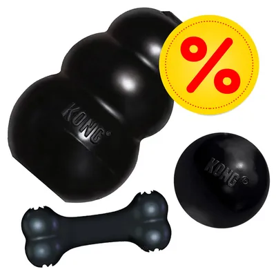 Svarta hundleksaker av märket KONG: en klassisk leksak, en boll och ett ben. Gul rabattikon med röd procenttecken synlig. Svarta hundleksaker av märket KONG: en klassisk leksak, en boll och ett ben. Gul rabattikon med röd procenttecken synlig.