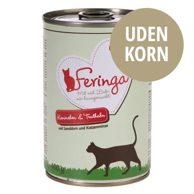 Feringa Kaninchen & Truthahn, mit Sanddorn und Katzenminze, 400 g. UDEN KORN står tydeligt på dåsen. Feringa Kaninchen & Truthahn, mit Sanddorn und Katzenminze, 400 g. UDEN KORN står tydeligt på dåsen.