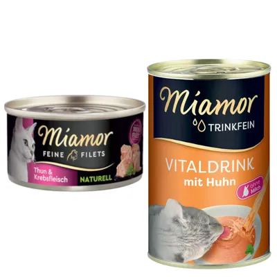 Miamor Kombi-Paket: Feine Filets Naturelle 12 x 80 g + Trinkfein Vitaldrink 6 x 135 ml - Feine Filets Thunfisch & Krebsfleisch + Vitaldrink mit Huhn