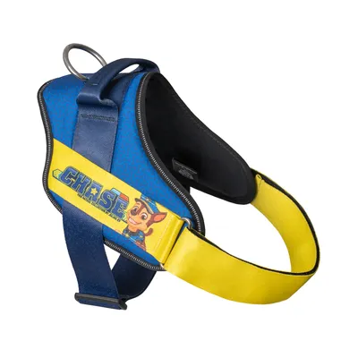 Blue and yellow dog harness with Chase motif from Paw Patrol and yellow 'Chase' lettering.