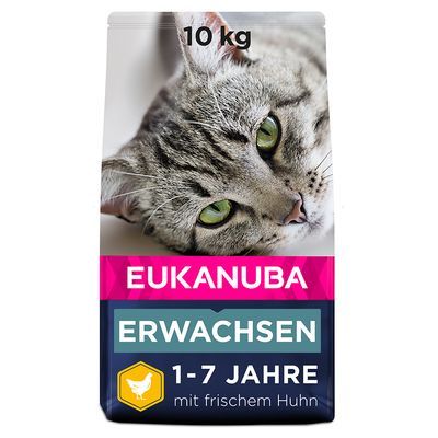 EUKANUBA ERWACHSEN kattenvoer, 10 kg, 1–7 JAHRE, mit frischem Huhn. Verpakking toont afbeelding van een kat.