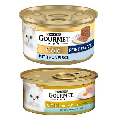 Purina Gourmet Gold paté fine con pollo, lattina con immagine di un gatto bianco e paté. Simbolo verde indica 24 lattine.