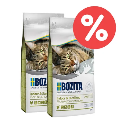 Bozita Indoor & Sterilised Kyckling/Huhn, 10kg, 79% tierisches Protein. Schwedische Qualität für sterilisierte Katzen. Rabatt-Symbol sichtbar.