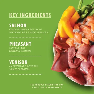 Key ingredients: salmon with omega-3 fatty acids for skin and fur, pheasant with iron, protein and selenium, venison as a protein source. See product description for full list.