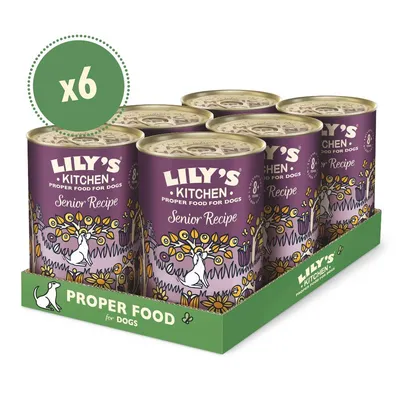 Six cans of Lily's Kitchen Senior Recipe proper food for dogs, displayed in a green tray with 'Proper Food for Dogs' text and a visible 'x6' quantity label.