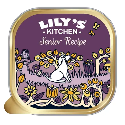Lily's Kitchen Senior Recipe shown on product packaging with illustration of a white animal in a garden setting.