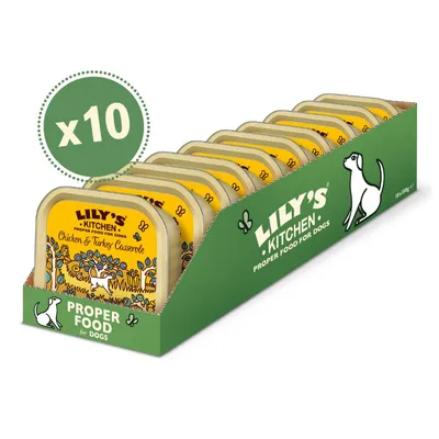 Pack of 10 Lily's Kitchen Chicken & Turkey Casserole trays, displayed in a green box labelled 'Proper Food for Dogs'.