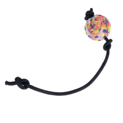 Speelgoed met gekleurde kunststof bal en zwart koord, geschikt voor interactief spelen.