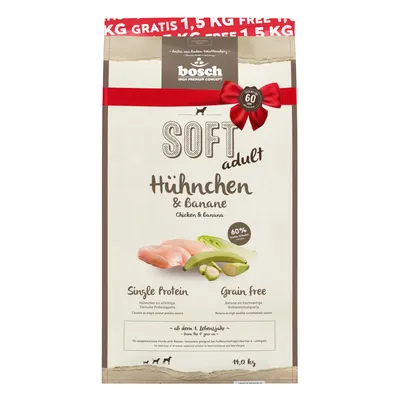bosch Soft Adult kuře a banán, jedno bílkovina, bez obilovin, od 1. roku věku, 14 kg, 60 % čerstvé kuře.